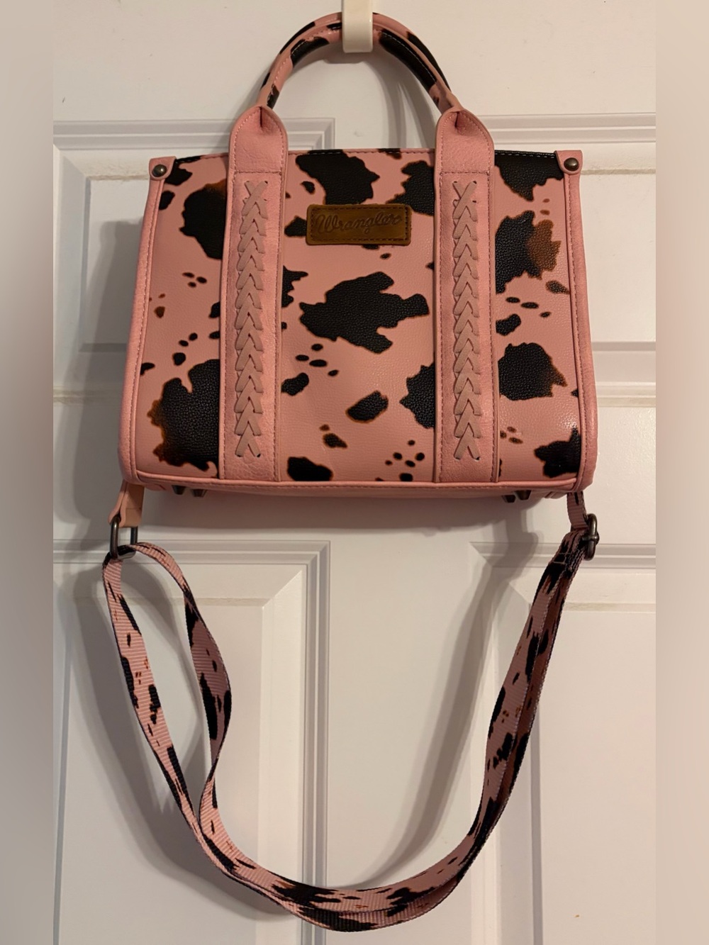 Wrangler Pink and Black Cowprint Satchel with Detachable Strap